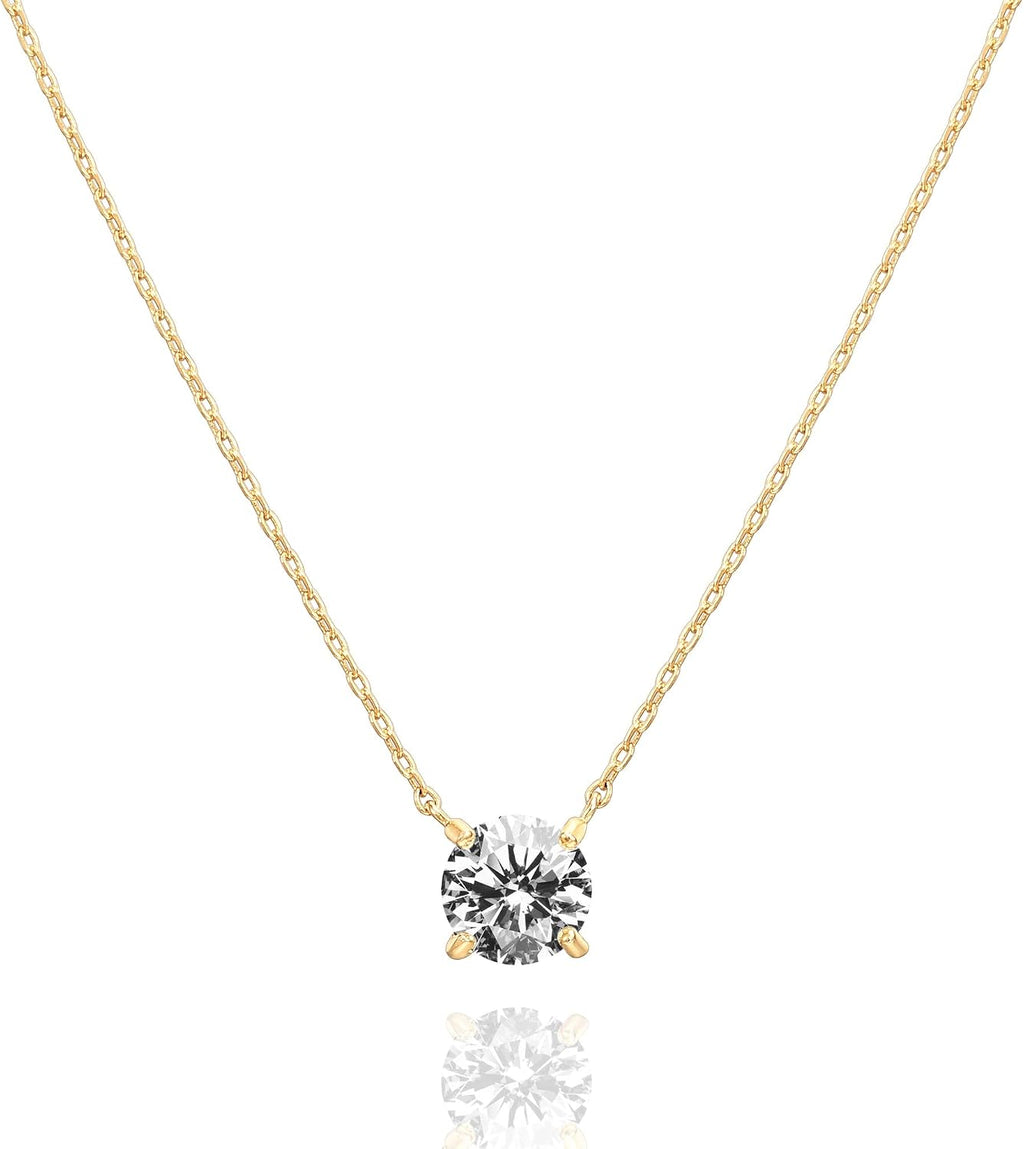 PAVOI 14K Gold Plated Crystal Solitaire 1.5 Carat (7.3mm) Cubic Zirconia Dainty Choker Necklace | Gold Necklaces for Women