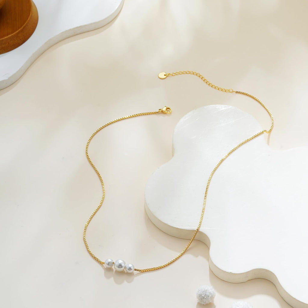 Gold Pearl Necklaces for Women Trendy, 14K Gold Plated Dainty Necklace Simple Layered Pearl Necklaces for Women Trendy Wedding Birthday Jewelry