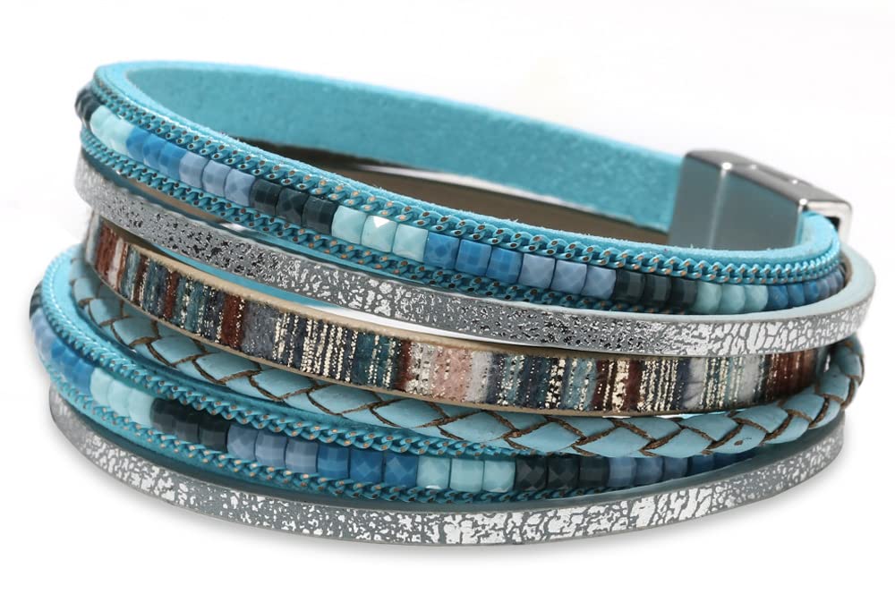 Fesciory Leather Wrap Bracelets for Women, Boho Leopard Multi-Layer Crystal Beads Cuff Bracelet Jewelry