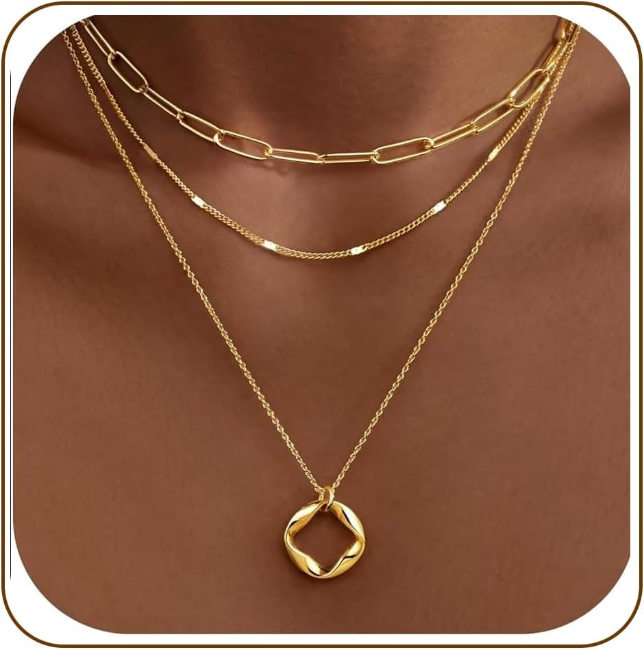 Poxtex Layered Gold Necklaces for Women, Stackable Dainty 14K Gold Silver Plated Trendy Simple Heart Diamond Cross Bow Circle Pendant Paperclip Choker Dot Chain Necklace,Jewelry Set Gifts for Women