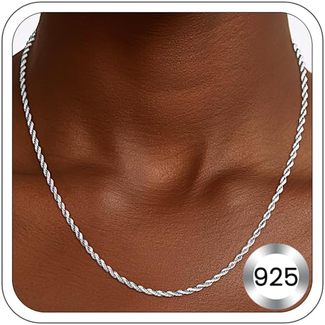 2mm Rope Chain 925 Sterling Silver Chain Necklace for Women, Sturdy Shiny Women's Chains Necklace, 16 18 20 22 24 26 Inches
