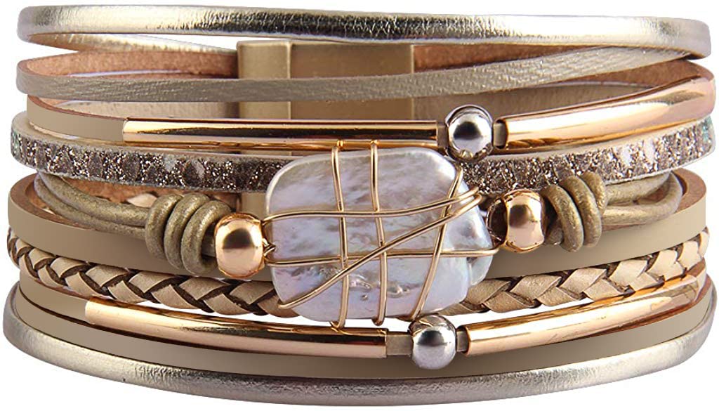 Fesciory Leopard Bracelet for Women, Boho Leather Wrap Multi-Layer Pearl Crystal Bracelet Bangle Jewelry