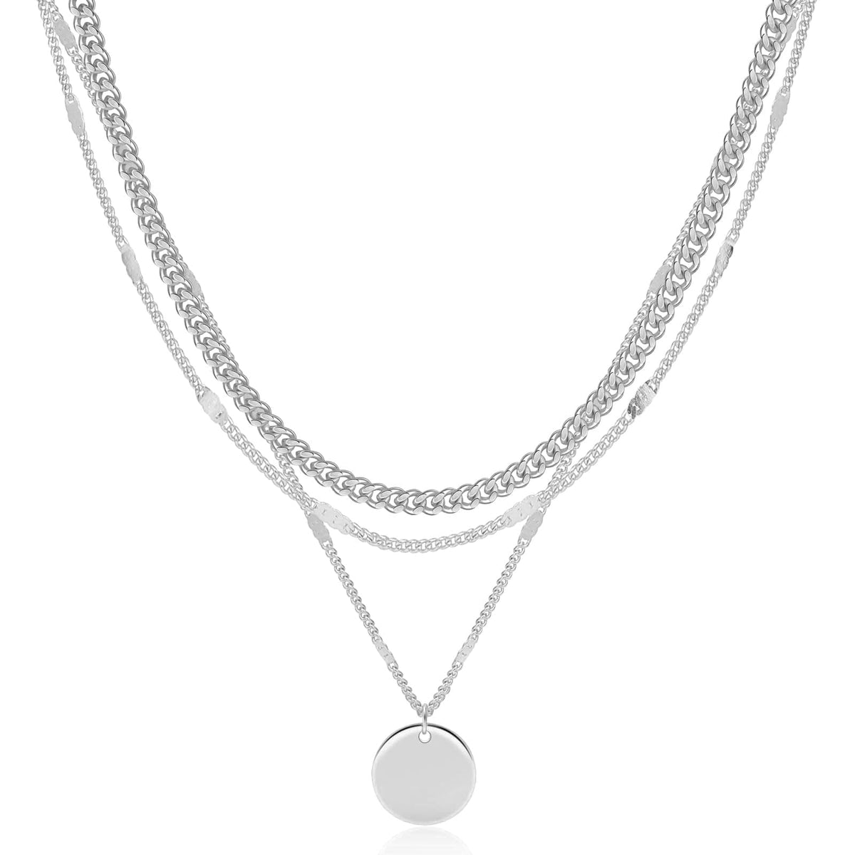 Cuzmly Layered Silver Necklaces for Women, Sterling Silver Stackable Stack Choker Necklaces for Women Trendy Layering Circle Pendant Chain Necklace Set Jewelry for Women
