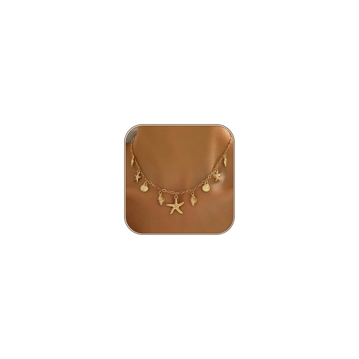 Shell Starfish Necklace for Women, 14k Gold Plated Boho Layered Beaded Charm Pendant Necklace, Dainty Adjustable Pearl Conch Summer Beach Vacation Jewelry Gifts