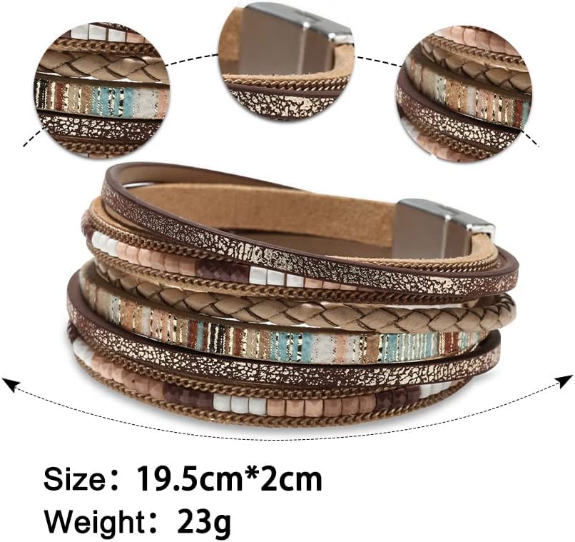 Fesciory Leather Wrap Bracelets for Women, Boho Leopard Multi-Layer Crystal Beads Cuff Bracelet Jewelry
