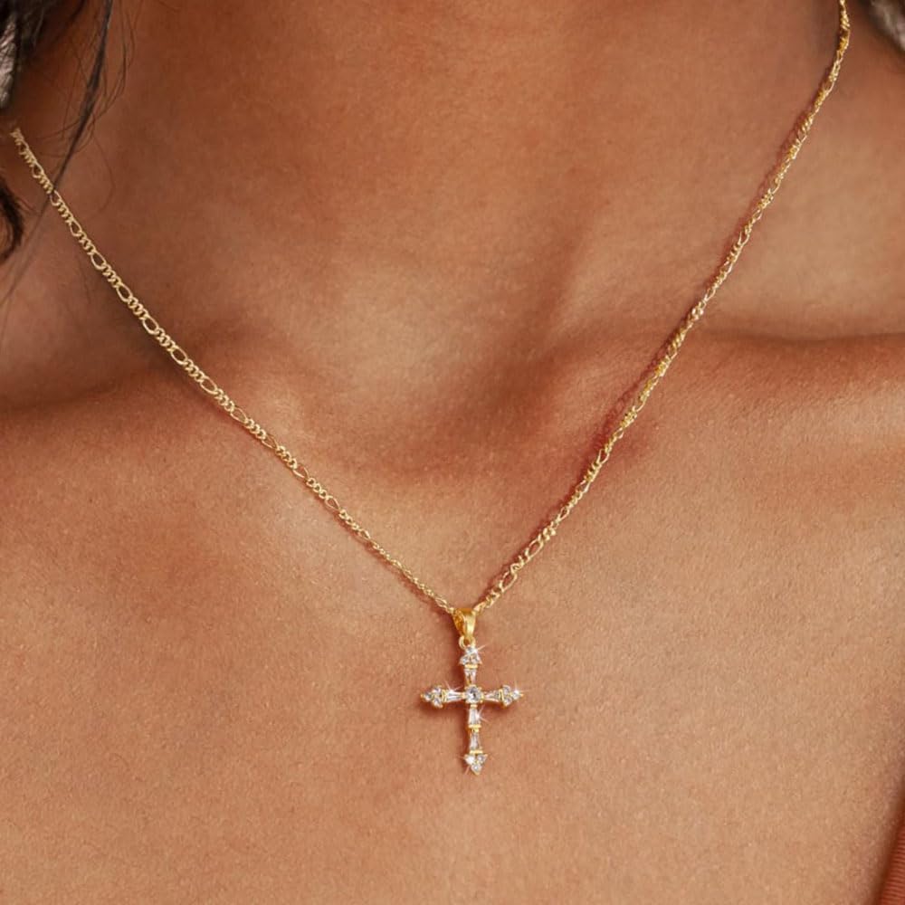Cross Necklace for Women,Double Cross Necklace 14K Gold Plated Cross Pendant Necklace Dainty Gold Cross Necklaces for Women Trendy Small Cross Charm Necklace Simple Cute Choker Necklaces Gold Jewery