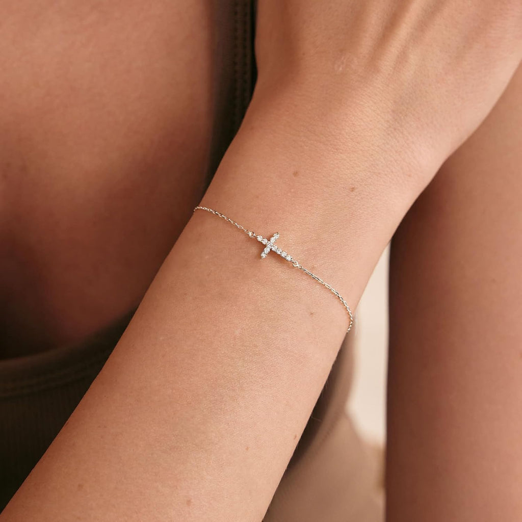 Moodear Cross Bracelet for Women, Dainty 925 Sterling Silver/14k Gold Plated CZ Chain Bracelets for Women Graduation Gift 2026 for Teen Religious Christian Basket Stuffers Jewelry