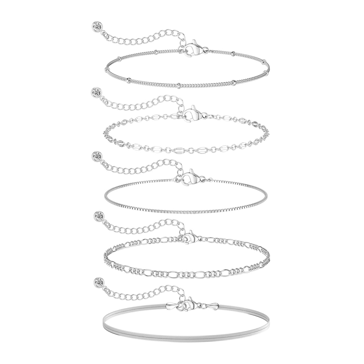 MBW Sterling Silver Bracelets for Women Trendy, Minimalist Simple Dainty S925 Silver Plated Bracelets for Women Stack Waterproof Jewelry Small Thin Bracelet Set for Womens Teen Gift