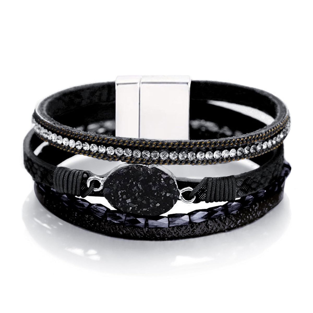 Fesciory Leopard Bracelet for Women, Boho Leather Wrap Multi-Layer Pearl Crystal Bracelet Bangle Jewelry