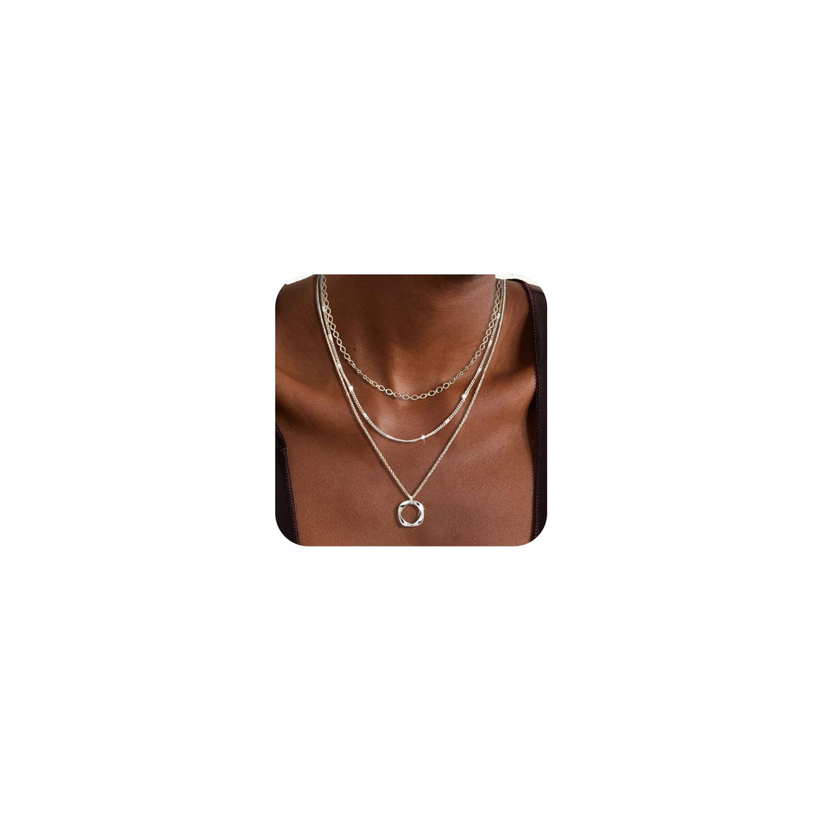Cuzmly Layered Silver Necklaces for Women, Sterling Silver Stackable Stack Choker Necklaces for Women Trendy Layering Circle Pendant Chain Necklace Set Jewelry for Women