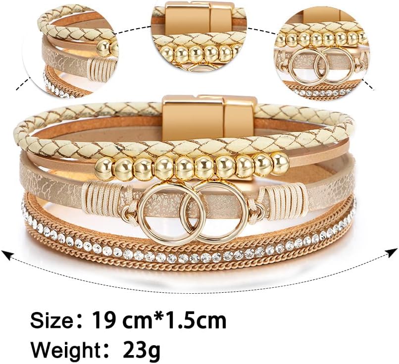 Fesciory Leopard Bracelet for Women, Boho Leather Wrap Multi-Layer Pearl Crystal Bracelet Bangle Jewelry