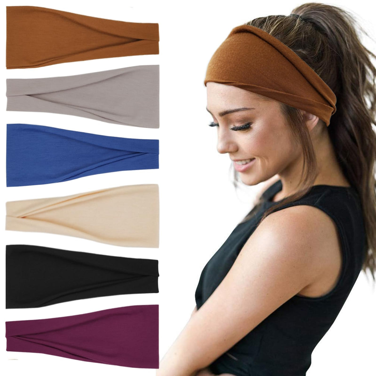 YONUF Boho Headbands For Women Fashion Wide Headband Yoga Workout Head Bands Hair Accessories Band 6 Pack