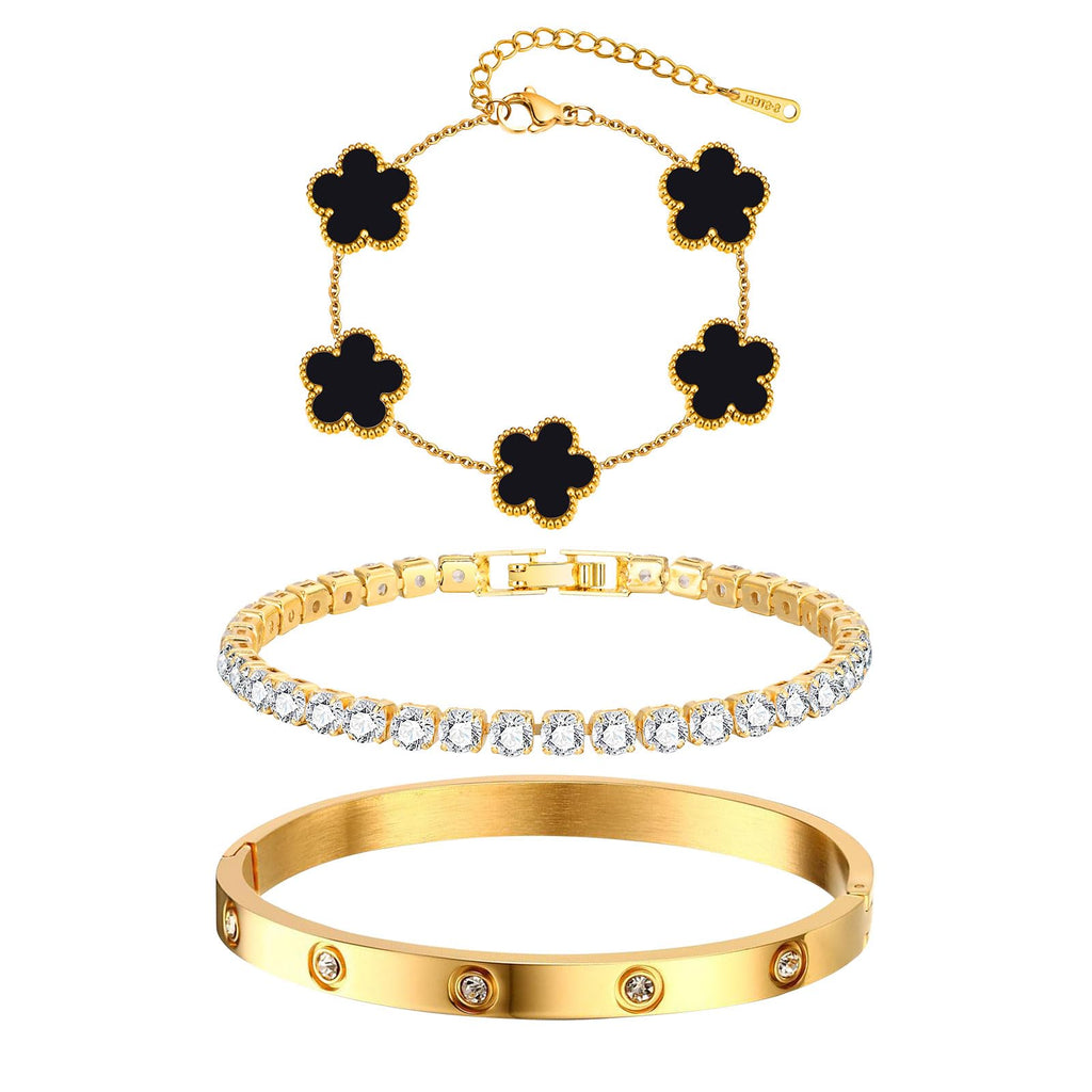 Womens Stackable Floral Gold Bracelets - 3Pcs 18K Gold Plated Bracelet,Stainless Steel Bangle Bracelets Non Tarnish, Gold Bracelet Set Trendy Jewelry,Christmas Valentines Birthday Gifts for Girlfriend