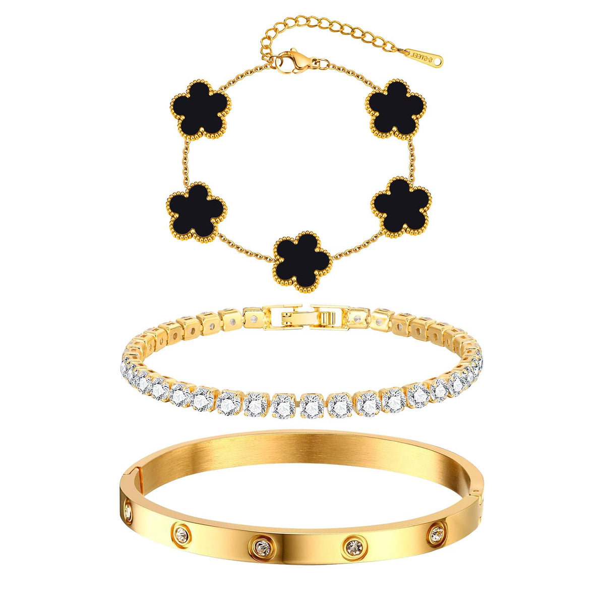 Womens Stackable Floral Gold Bracelets - 3Pcs 18K Gold Plated Bracelet,Stainless Steel Bangle Bracelets Non Tarnish, Gold Bracelet Set Trendy Jewelry,Christmas Valentines Birthday Gifts for Girlfriend