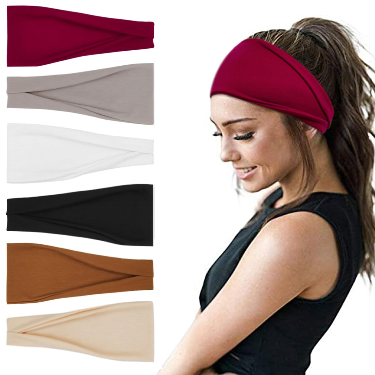 YONUF Boho Headbands For Women Fashion Wide Headband Yoga Workout Head Bands Hair Accessories Band 6 Pack