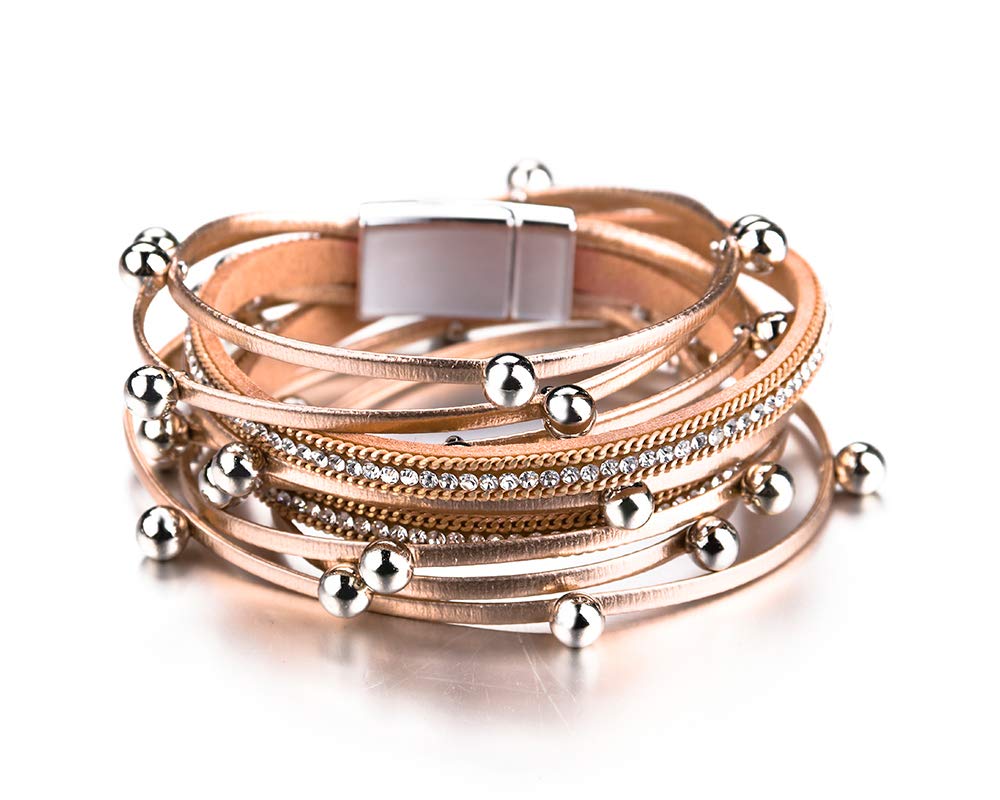 Fesciory Leather Wrap Bracelets for Women, Boho Leopard Multi-Layer Crystal Beads Cuff Bracelet Jewelry