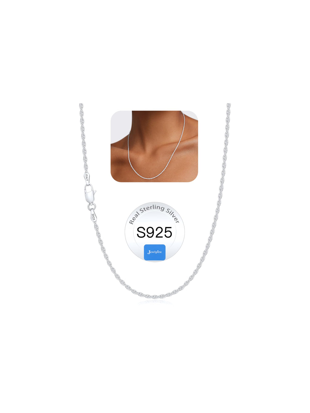 Jewlpire 1.5mm 2mm Rope Chain 925 Sterling Silver Chain Necklace for Women, Smooth Sturdy Women's Chains Necklace, 16 18 20 22 24 26 Inch