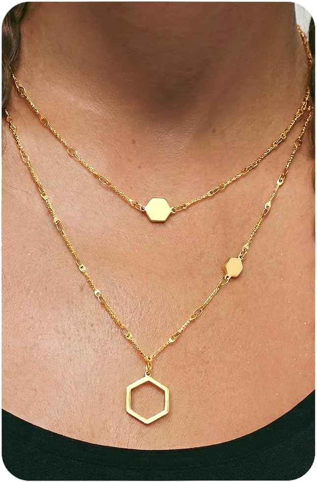 UBGICIG Honeycomb Layered Necklaces for Women Stackable, Dainty Layering Pendant Necklace Non Tarnish, Trendy 16K Plated Silver Gold Necklace Stack Chain Women's Fashion Jewelry