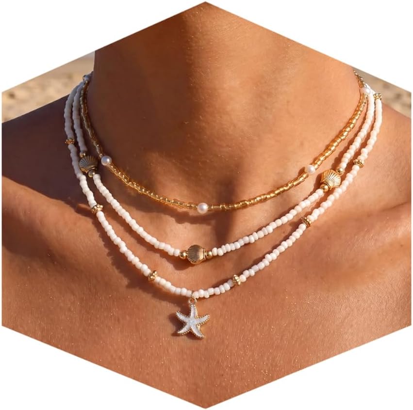 Shell Starfish Necklace for Women, 14k Gold Plated Boho Layered Beaded Charm Pendant Necklace, Dainty Adjustable Pearl Conch Summer Beach Vacation Jewelry Gifts