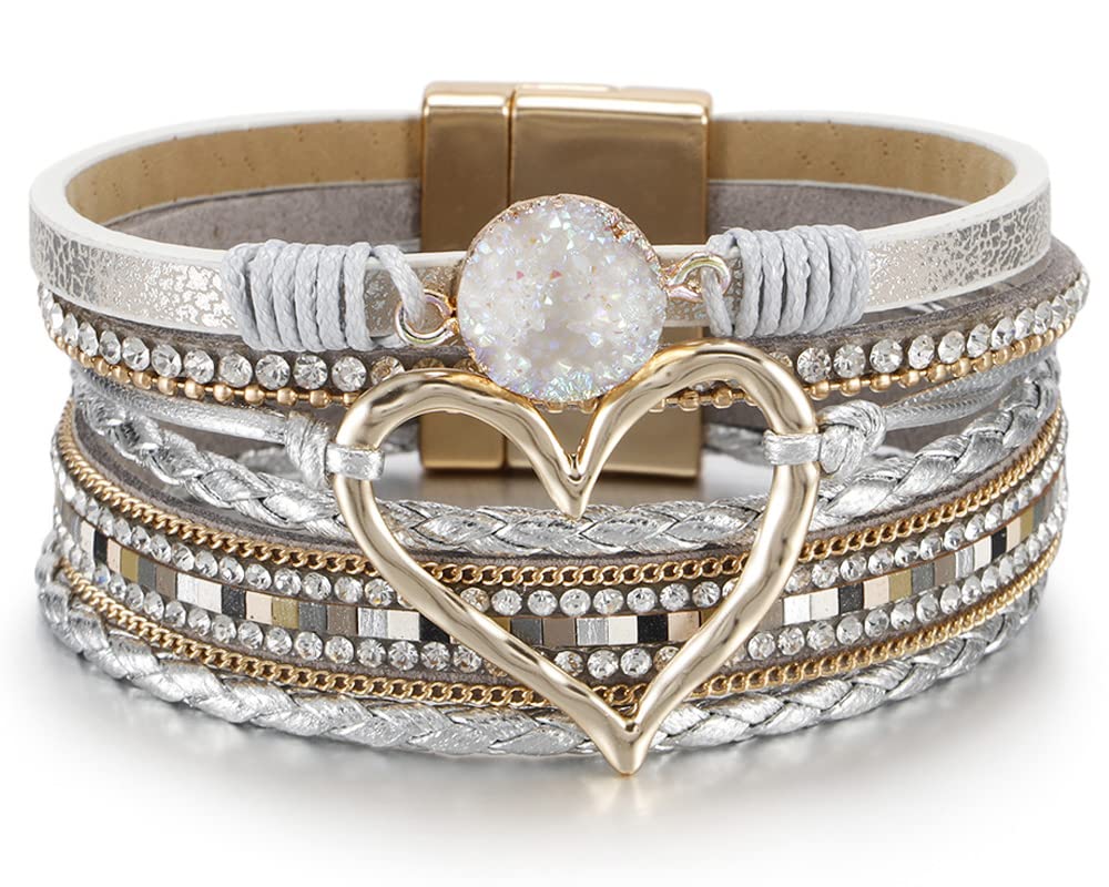 Fesciory Leopard Bracelet for Women, Boho Leather Wrap Multi-Layer Pearl Crystal Bracelet Bangle Jewelry