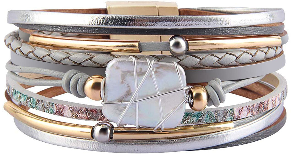 Fesciory Leather Wrap Bracelets for Women, Boho Leopard Multi-Layer Crystal Beads Cuff Bracelet Jewelry