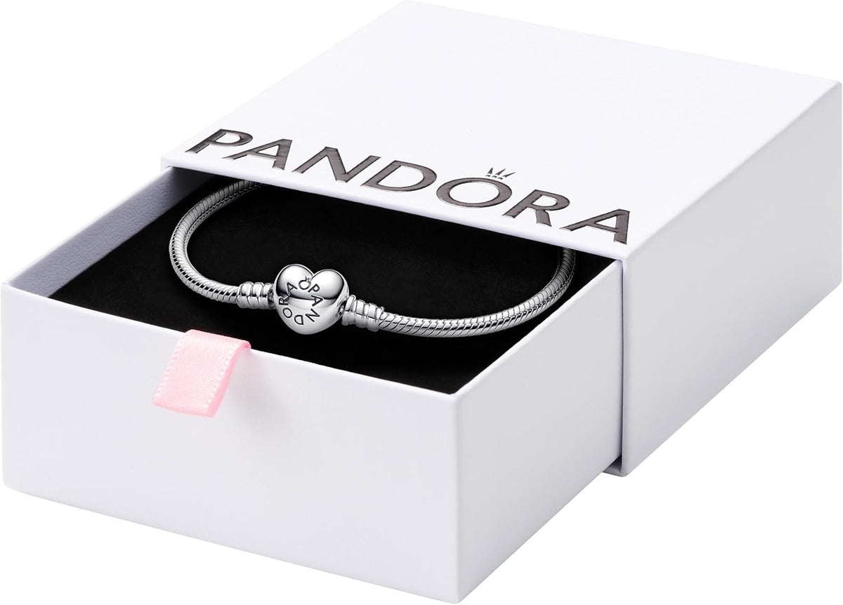 PANDORA Heart Clasp Snake Chain Bracelet - Heart Clasp - Romantic Jewelry for Her with Gift Box - Compatible Moments Charms - Sterling Silver