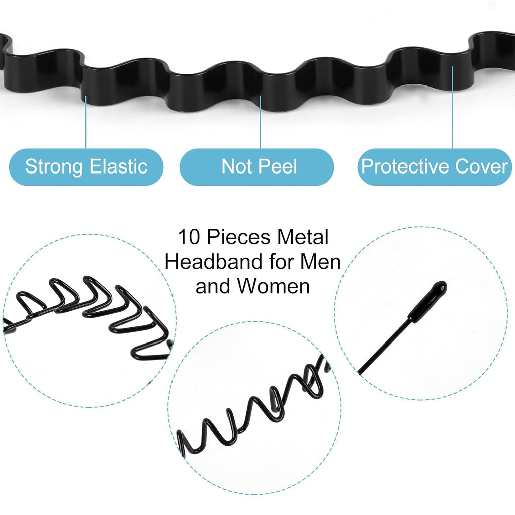 6PCS Metal Hair Bands, Spring Wavy Hoop Unisex Black Headband Slicked Back Non Slip Sports Hairband for Women Men…