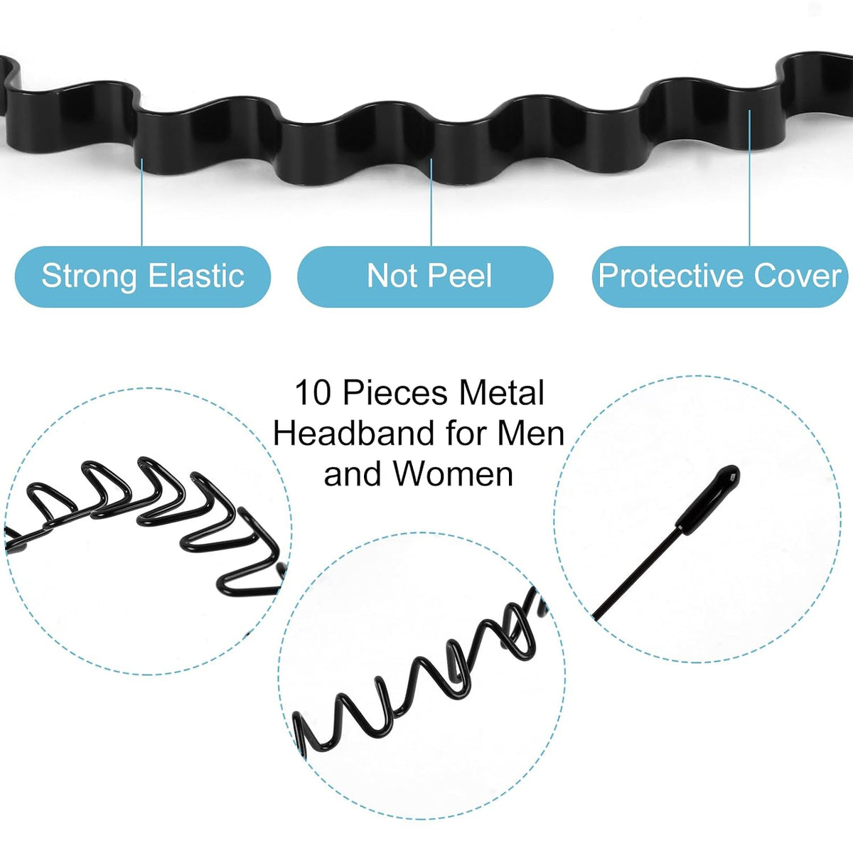 6PCS Metal Hair Bands, Spring Wavy Hoop Unisex Black Headband Slicked Back Non Slip Sports Hairband for Women Men…