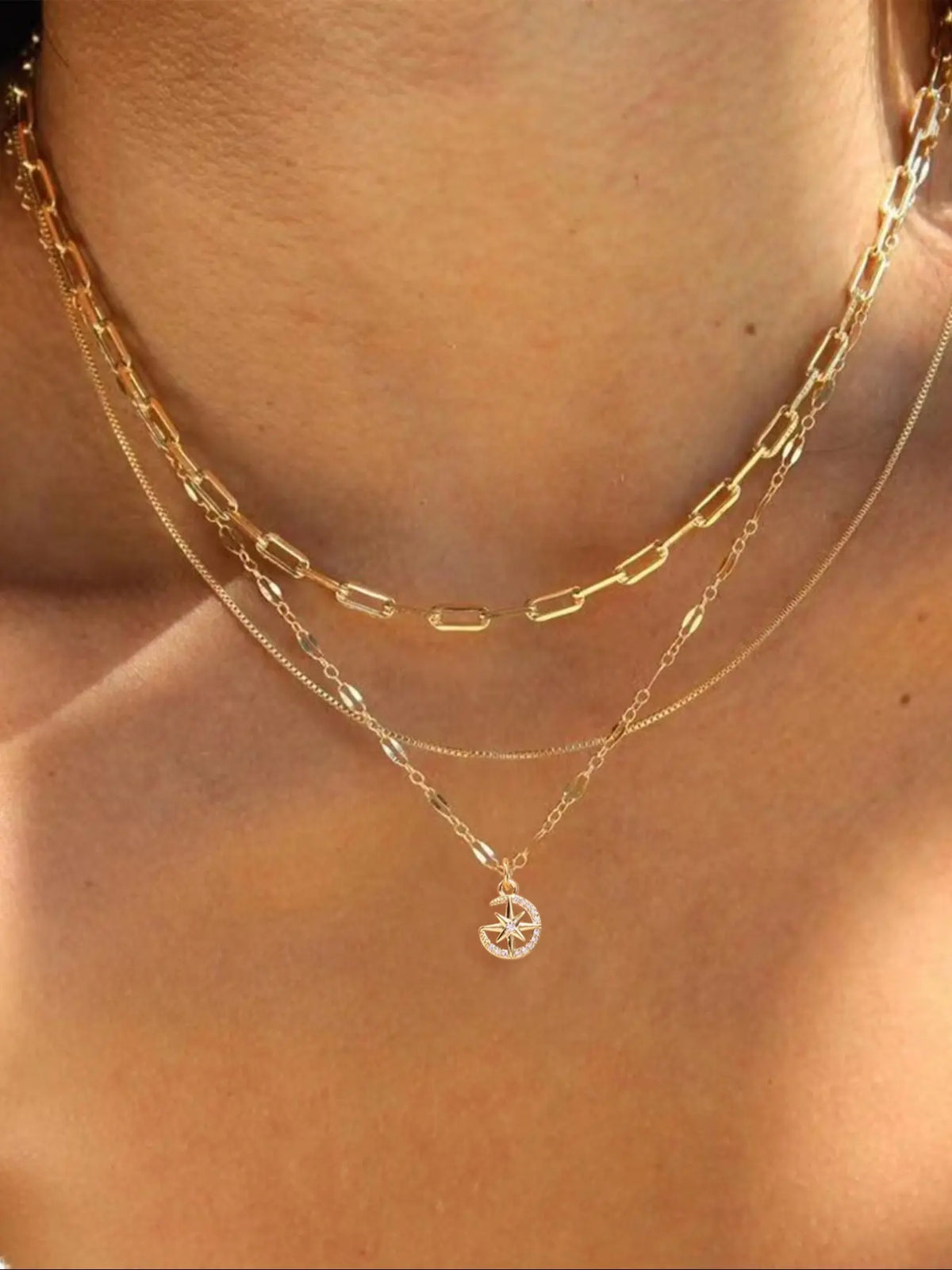 3 Piece Trendy Grid Paperclip Box Chain Necklace Set, Trendy Jewelry, Minimalist Rectangle Pendant with Sparkling Star Artificial Zircon