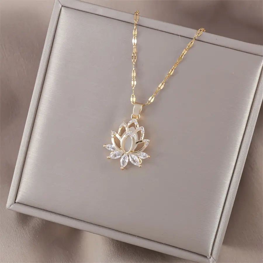 Women's Gold Lotus Pendant Necklace, Cubic Zirconia Flower Charm Jewelry, Minimalist Dainty Accessories for Women, Spiritual Gift for Her, Daily Wear or Special Occasions, Gold Necklace Women