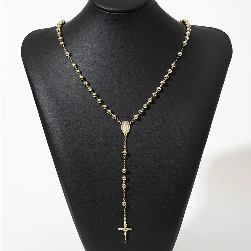 Golden Virgin Mary Cross Clavicle Chain Rosary Necklace Long Necklace