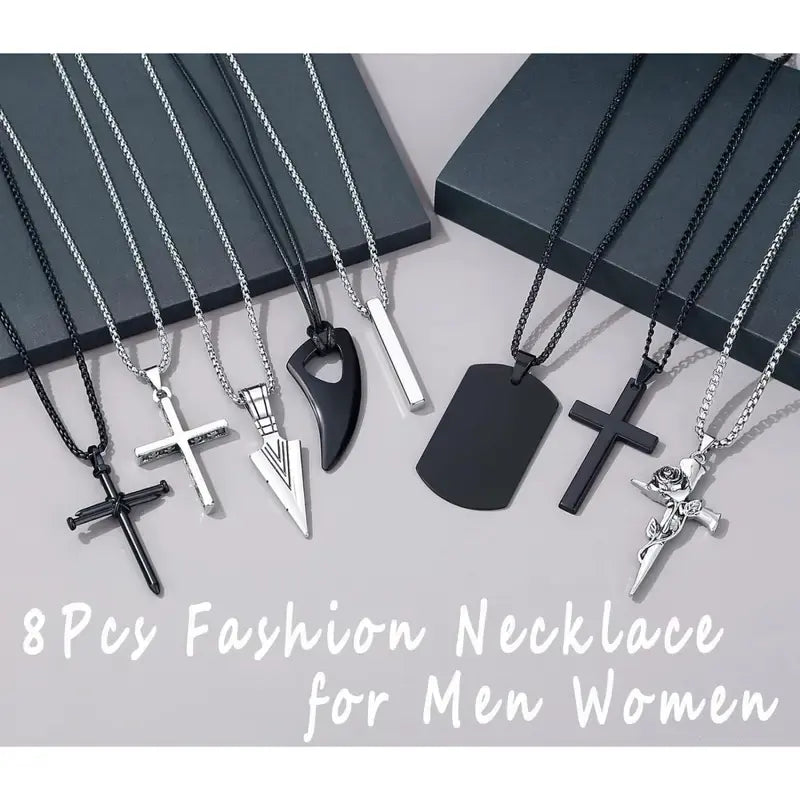 8pcs Necklace for Men, Mens Necklaces Jewelry Set, Black and Silvery Stainless Steel Necklace, Cross Pendant Necklace, 16-24 inches Chain