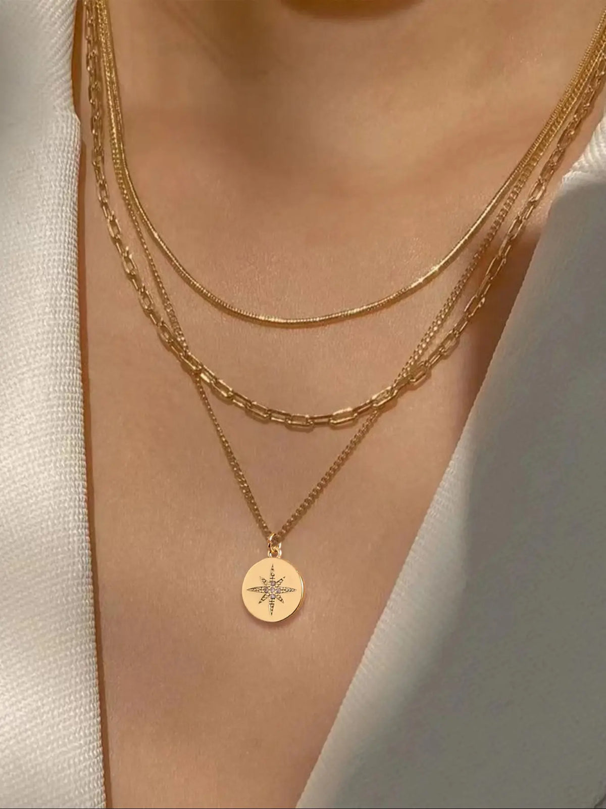 3 Piece Trendy Grid Paperclip Box Chain Necklace Set, Trendy Jewelry, Minimalist Rectangle Pendant with Sparkling Star Artificial Zircon