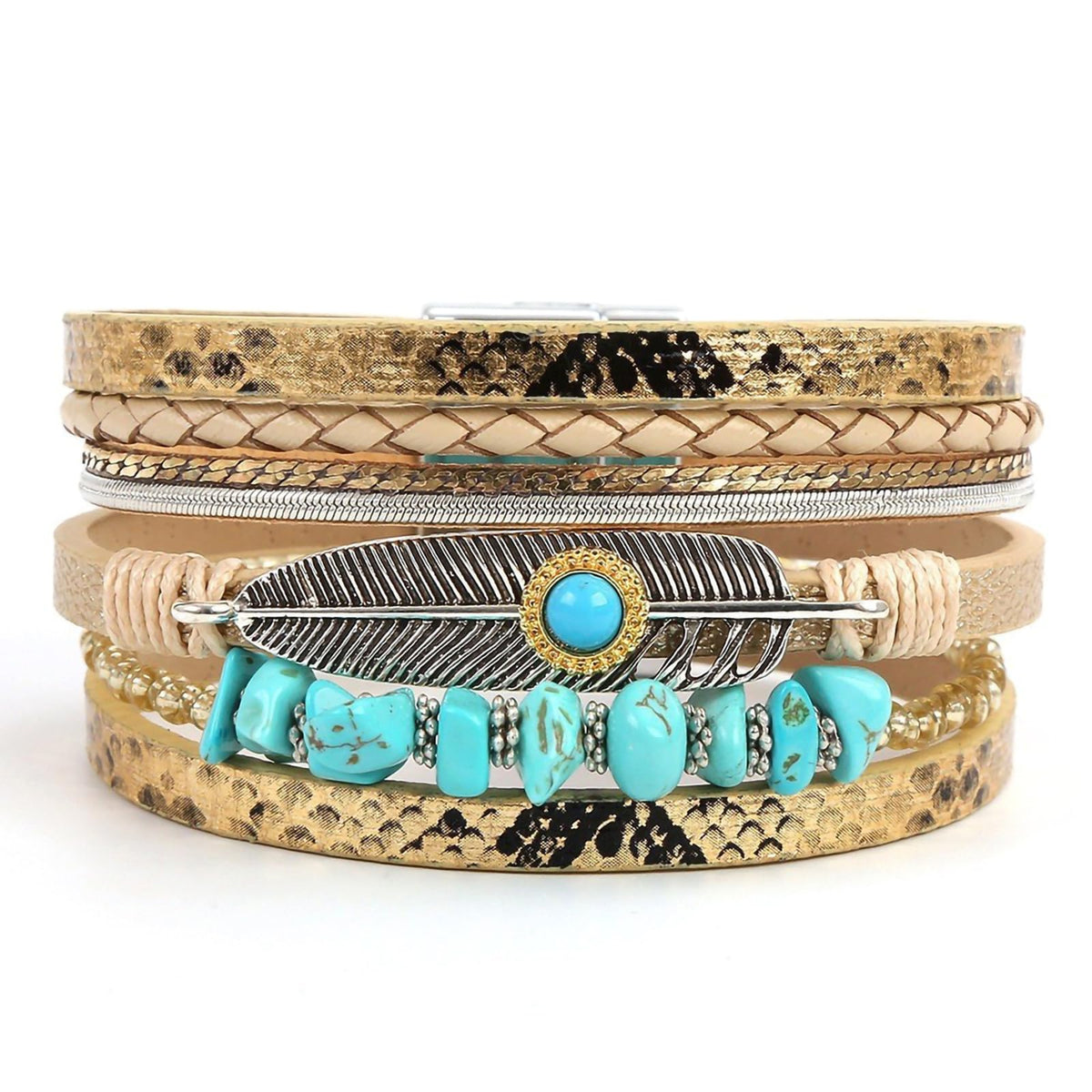 Fesciory Leopard Bracelet for Women, Boho Leather Wrap Multi-Layer Pearl Crystal Bracelet Bangle Jewelry