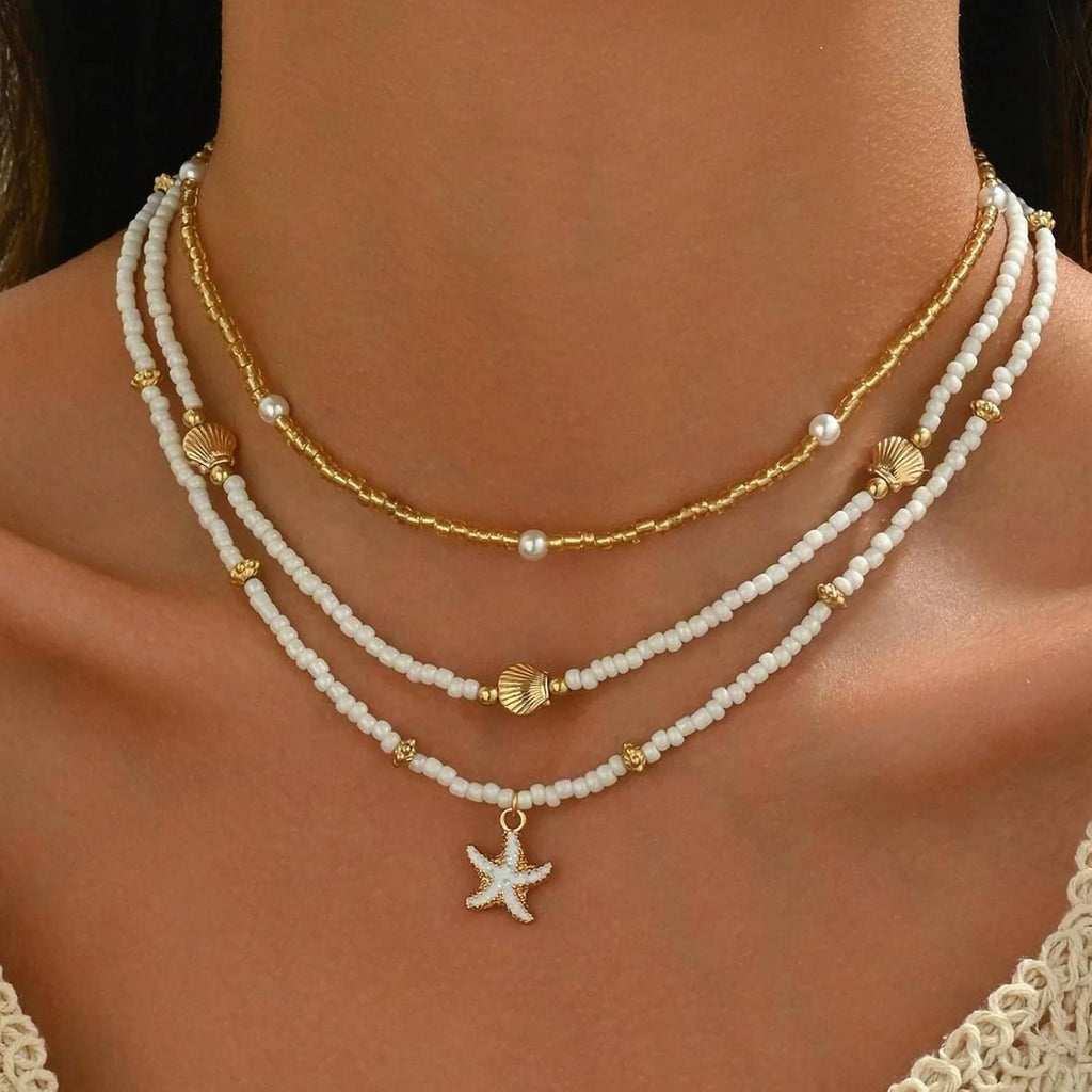 Shell Starfish Necklace for Women, 14k Gold Plated Boho Layered Beaded Charm Pendant Necklace, Dainty Adjustable Pearl Conch Summer Beach Vacation Jewelry Gifts