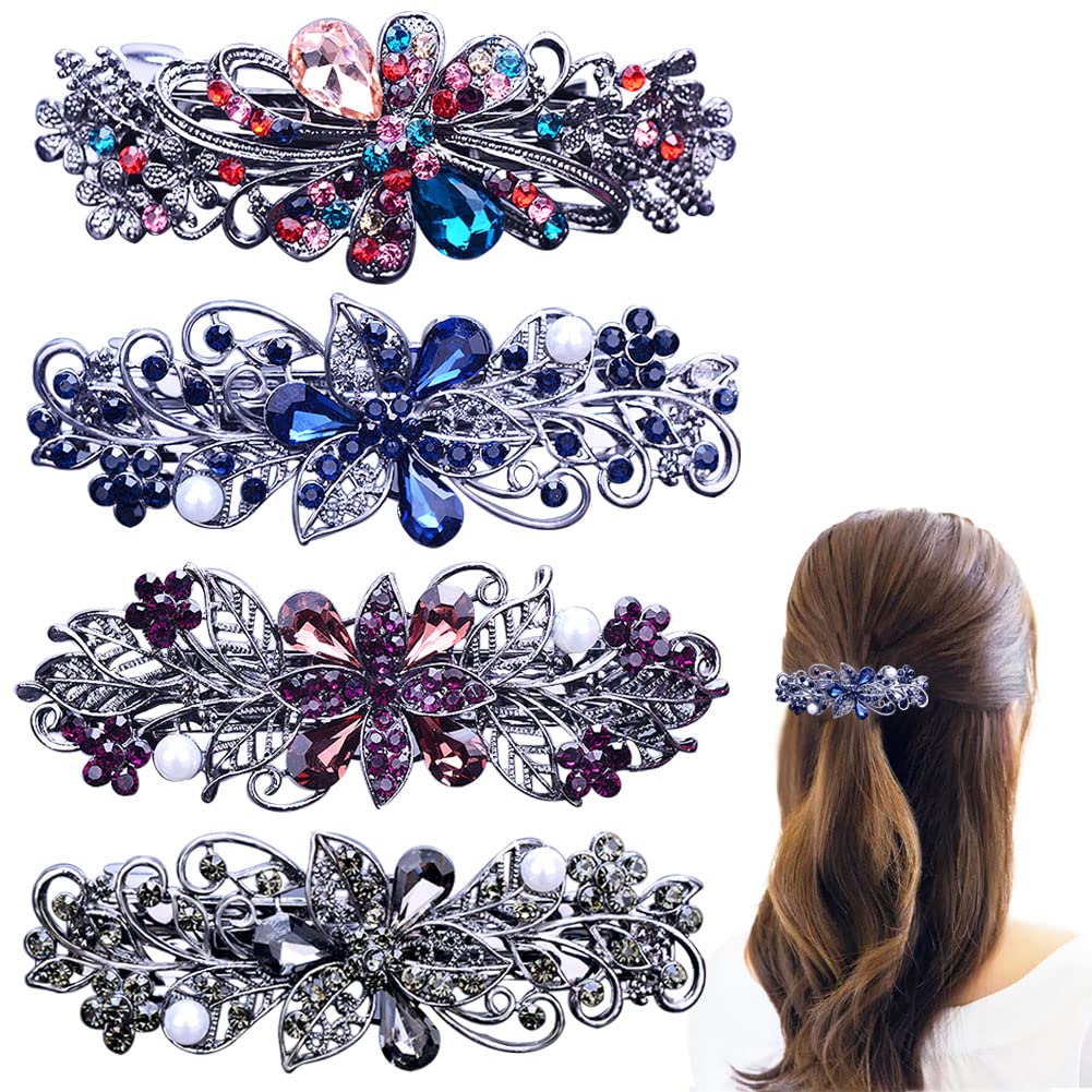 4 PCS Hair Barrettes for Women Ladies, Flower Crystal Rhinestones Barrette Pearl Spring Hair Clip Accessories Women Fashion Ponytail Holders Barrette for Daily Wear Mothers Day present