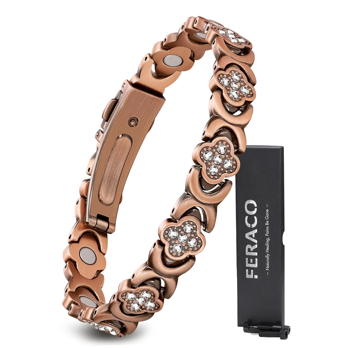 Feraco Pure Copper Bracelets for Women, Ultra Strength Magnetic Therapy Bracelet for Pain Relief with Neodymium Magnets & Sparkling Cubic Zirconia, Adjustable, Infinite Clover Jewelry