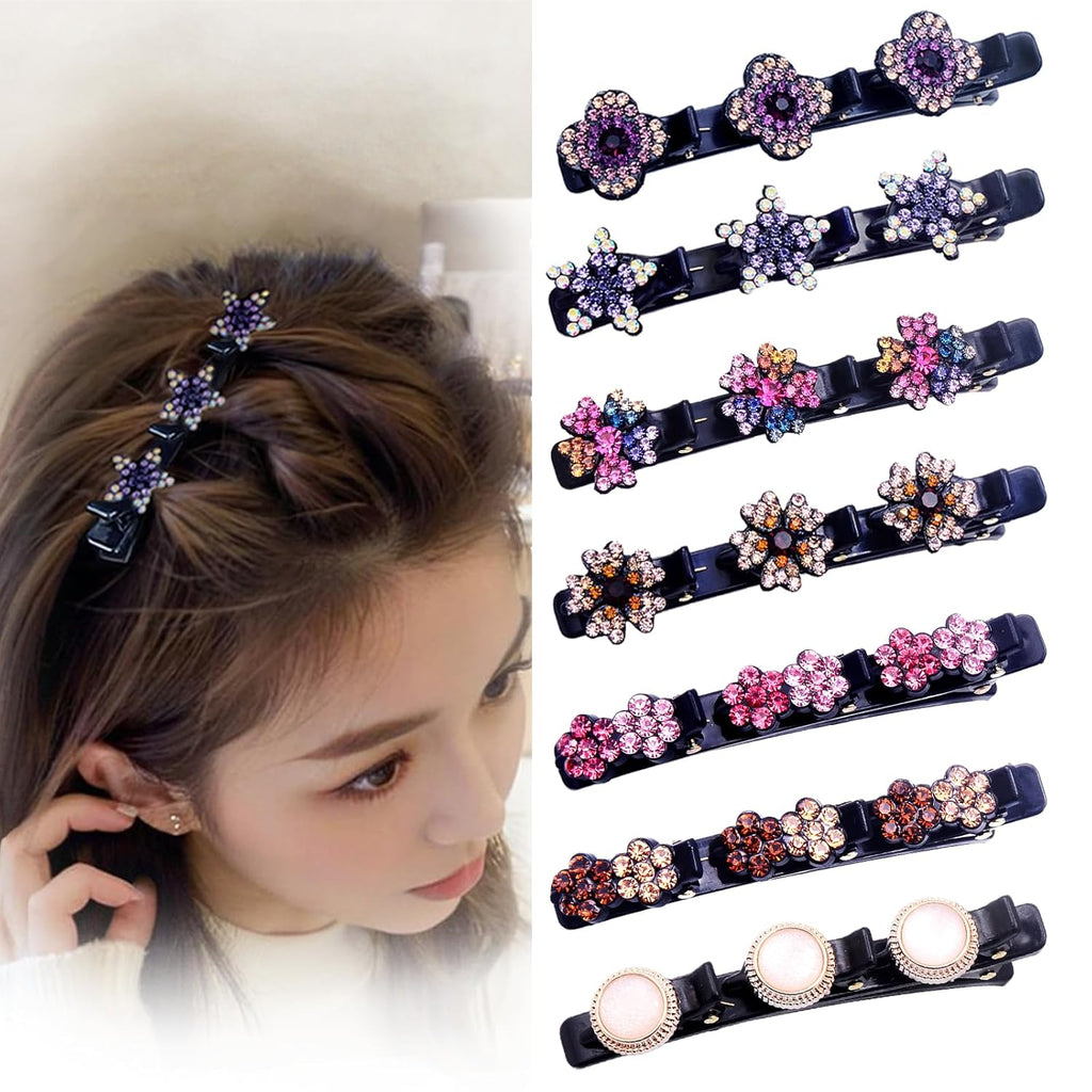 Hair Clips for Styling - 7PCS Crystal Stone Braided Hair Clips, Double-Layer Star and Flower Clips for Women and Girls, Sparkling Rhinestone Duckbill Clips, Non-Slip Hair Accessories (FlaSloth)