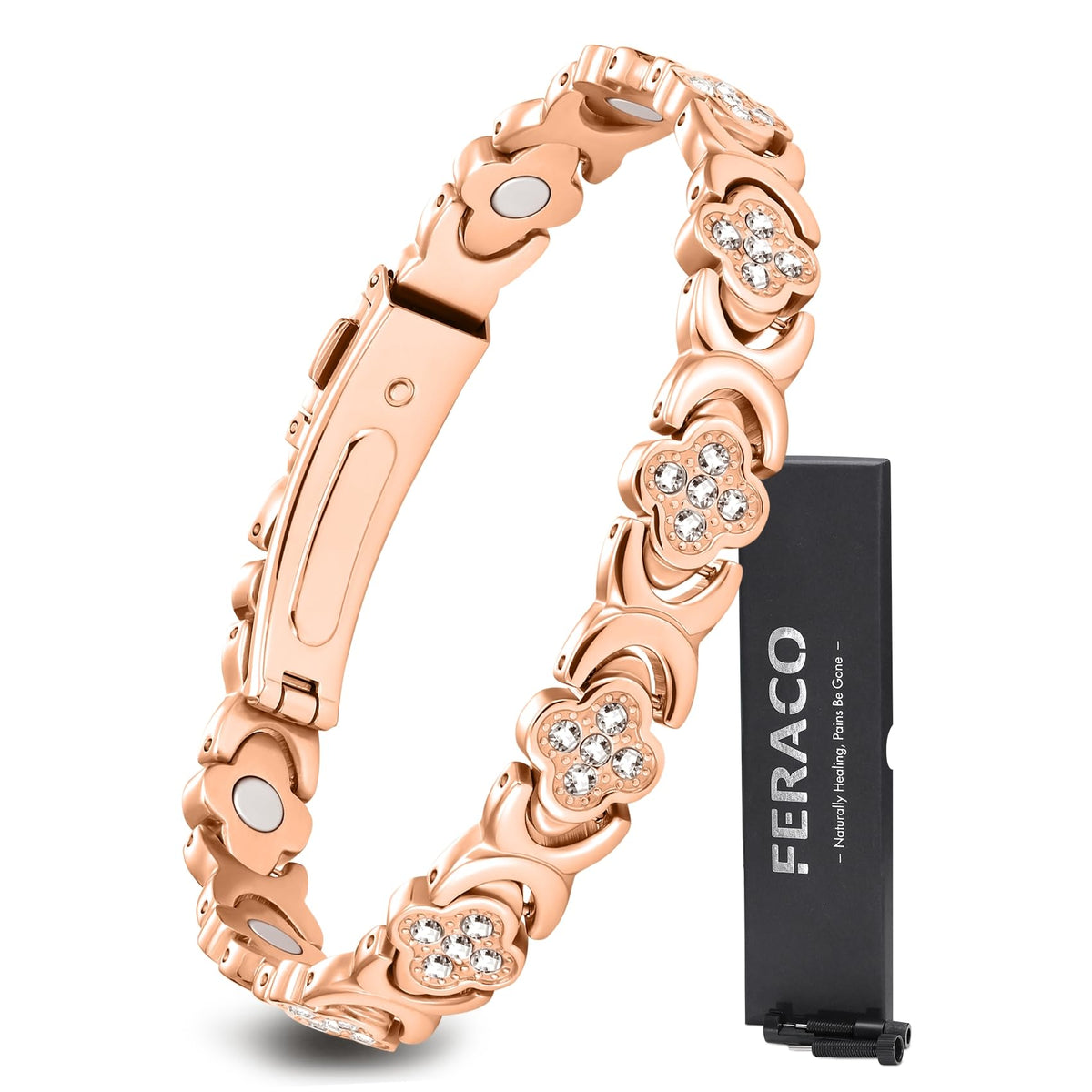 Feraco Pure Copper Bracelets for Women, Ultra Strength Magnetic Therapy Bracelet for Pain Relief with Neodymium Magnets & Sparkling Cubic Zirconia, Adjustable, Infinite Clover Jewelry