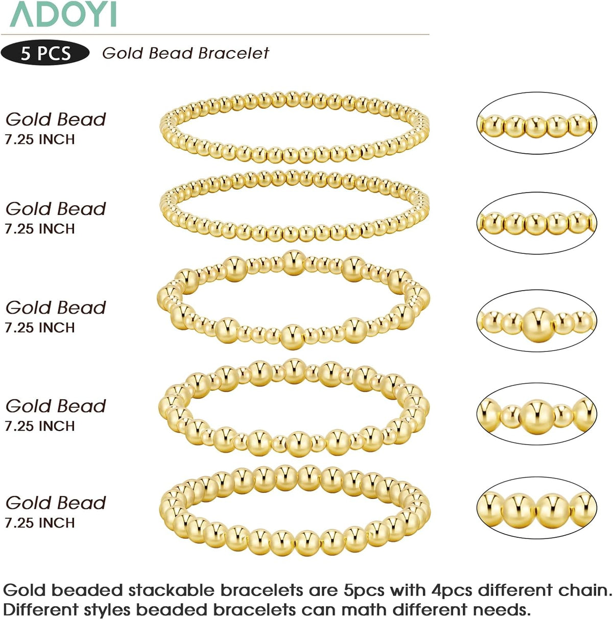 adoyi Gold Bracelets for Women Waterproof, 14K Gold Plated Beaded Strand Bead Ball Bracelets stack Adjustable Jewelry Set for Gifts