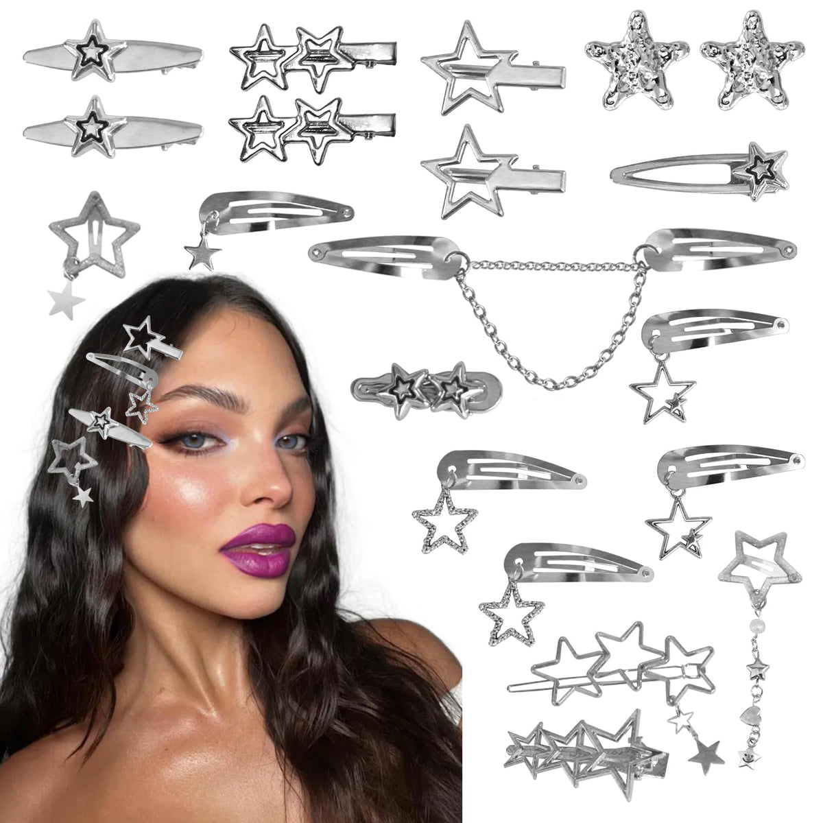 20Pcs Star Hair Clips Y2K Silver Hair Clips 14 Shapes Y2K Hair Accessories Metal Non-Slip Snap Barrettes for Girls 2000s Punk Kawaii Butterfly Charm Hair Clips for Women(Silver B)