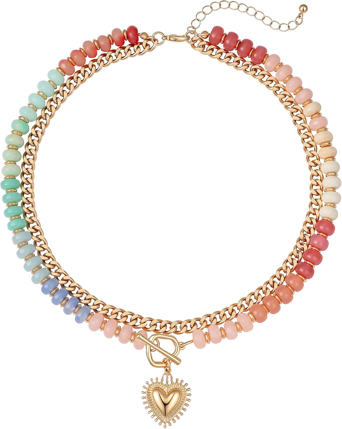 Layered Necklaces for Women, 14K Gold Plated Heart Pendant & Colorful Acrylic Beaded Choker, Cute Trendy Jewelry, Anti-Tangle Single Clasp Design, Summer Beach Boho Necklace for Women