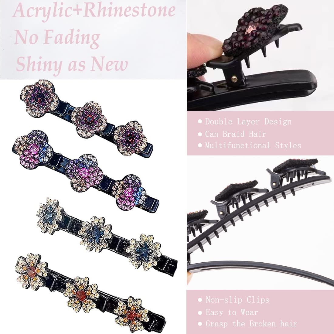 Sparkling Crystal Stone Braided Hair Clover Clips for Thick Thin Hair, Girls/Women Hair Accessories for Styling Sectioning, Large, 8 Pcs