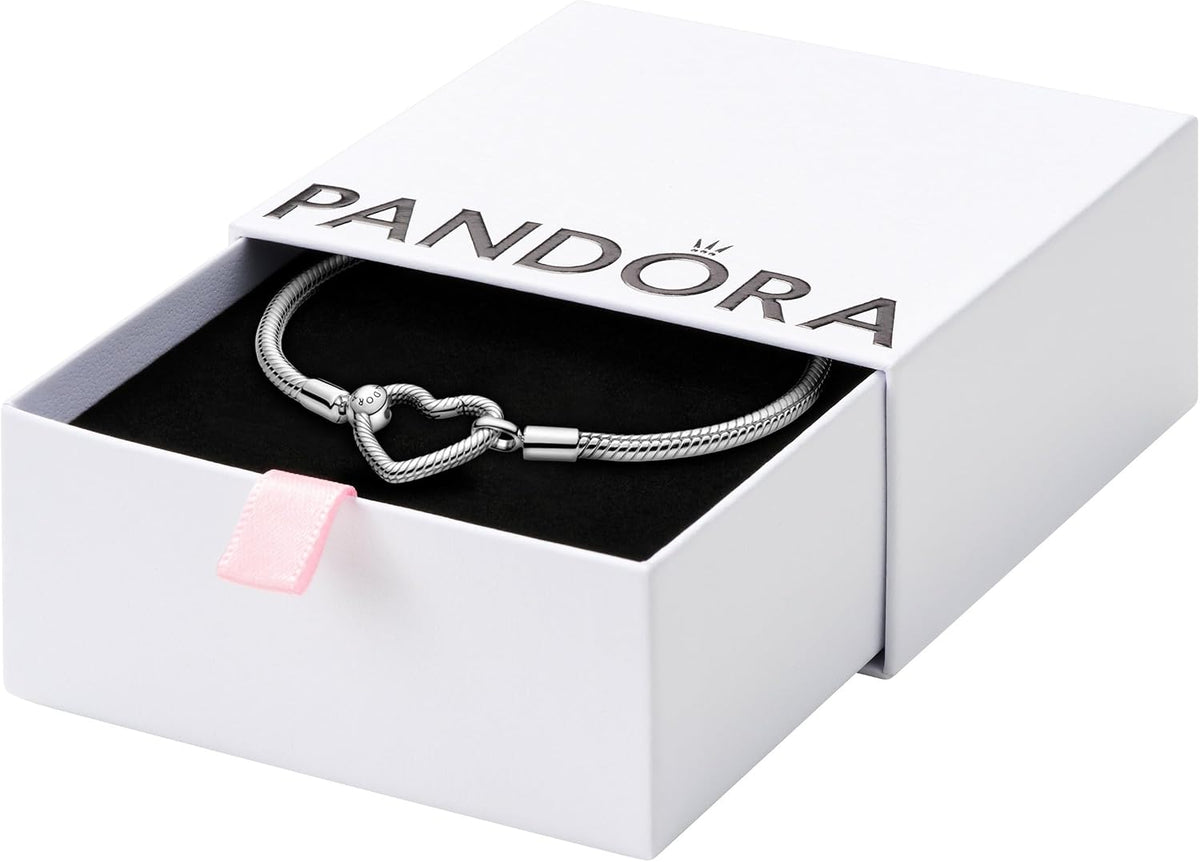 PANDORA Moments Heart Clasp Snake Chain Bracelet - Charm Bracelet for Women - Compatible Moments Charms - Gift for Her - Sterling Silver - With Gift Box