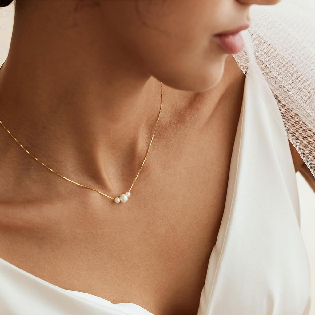 Gold Pearl Necklaces for Women Trendy, 14K Gold Plated Dainty Necklace Simple Layered Pearl Necklaces for Women Trendy Wedding Birthday Jewelry