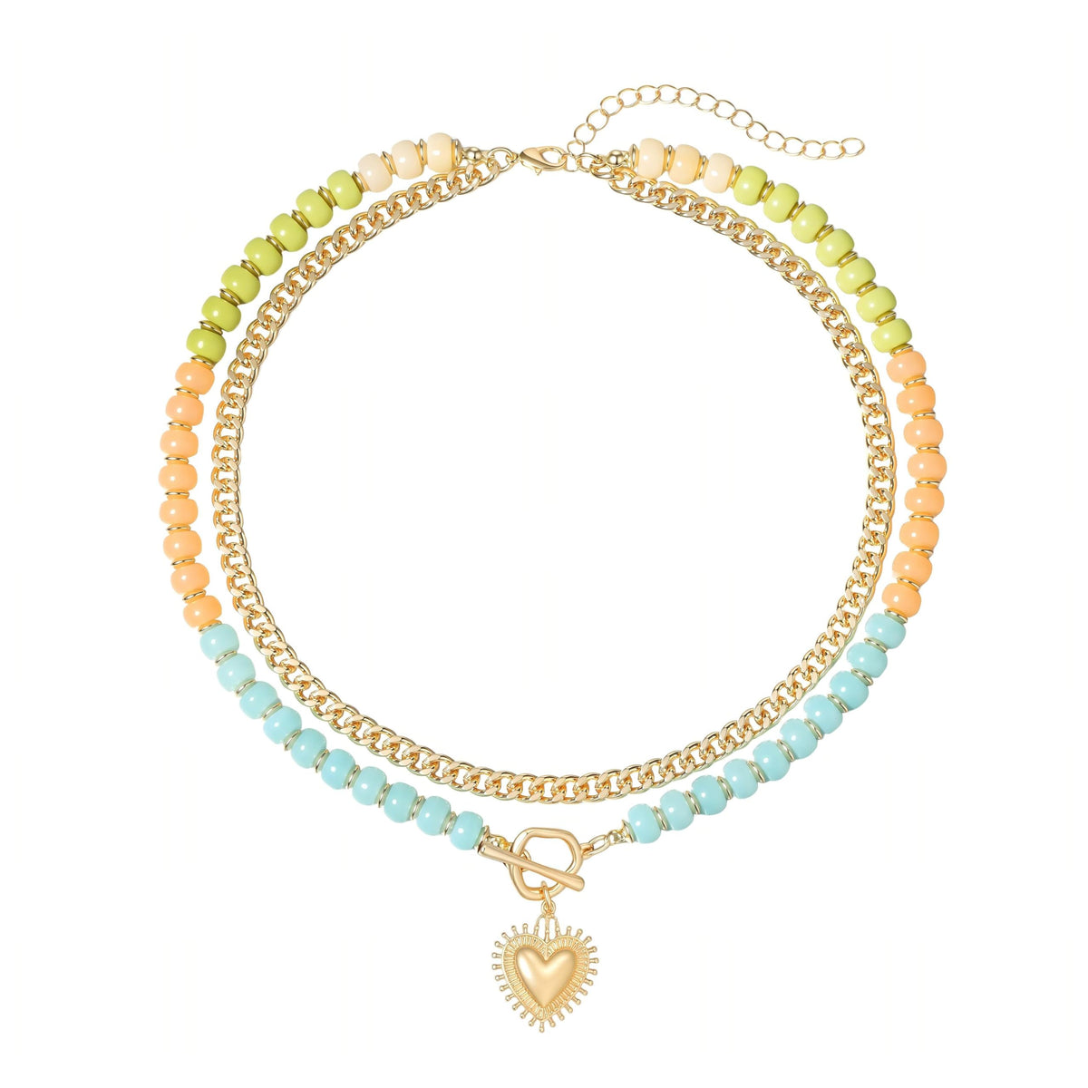 Layered Necklaces for Women, 14K Gold Plated Heart Pendant & Colorful Acrylic Beaded Choker, Cute Trendy Jewelry, Anti-Tangle Single Clasp Design, Summer Beach Boho Necklace for Women