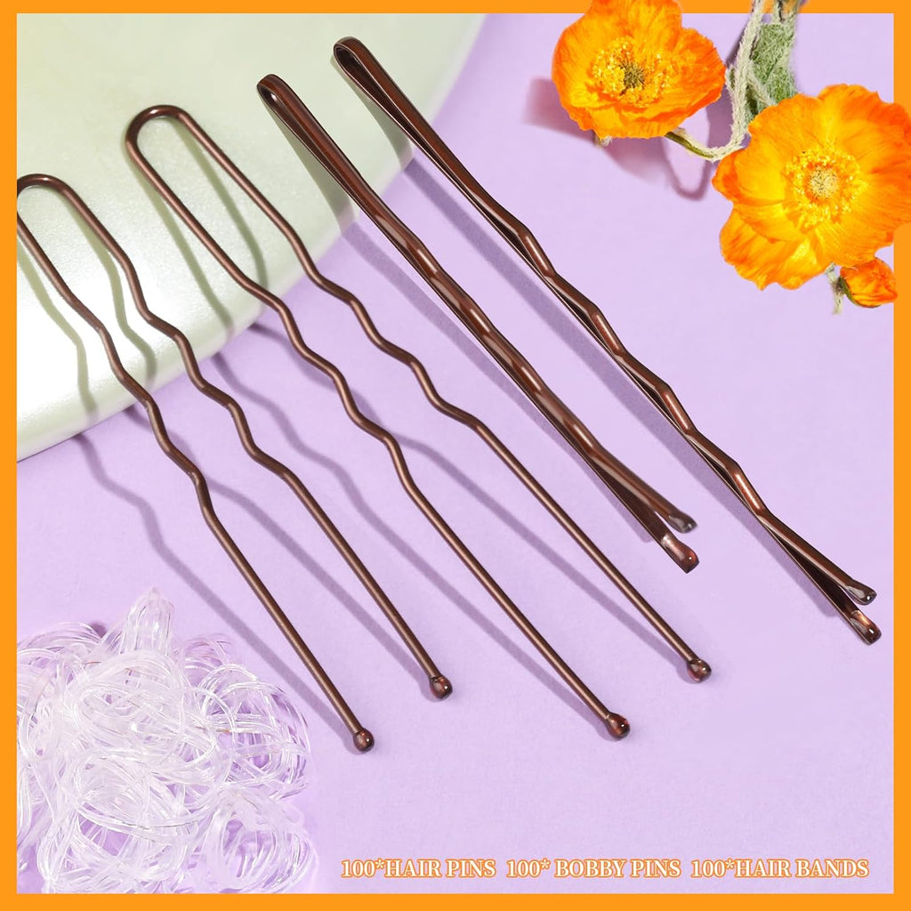 Teenitor 300pcs Bobby Pins Hair Pins Kit, 100 Hair Pin for Women 100 Bobby Pins Brown and 100 Hair Bands, Hair Pins for Buns 2inch 2.36inch 2.75inch