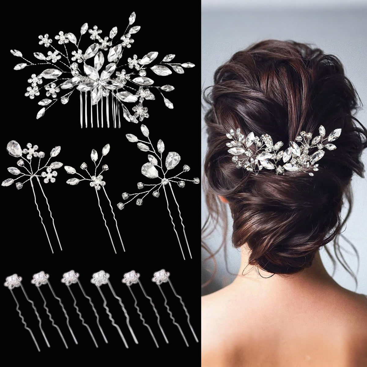 10 pcs Bride Hair Pins Rhinestone Bridal Hair Piece for Women Crystal Hair Accessories for Bride Bridesmaids Flower Girls(Silver Classic)
