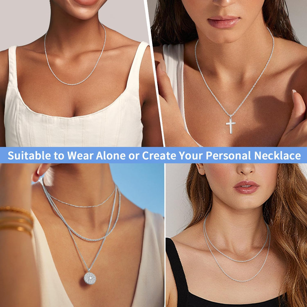 Jewlpire 1.5mm 2mm Rope Chain 925 Sterling Silver Chain Necklace for Women, Smooth Sturdy Women's Chains Necklace, 16 18 20 22 24 26 Inch