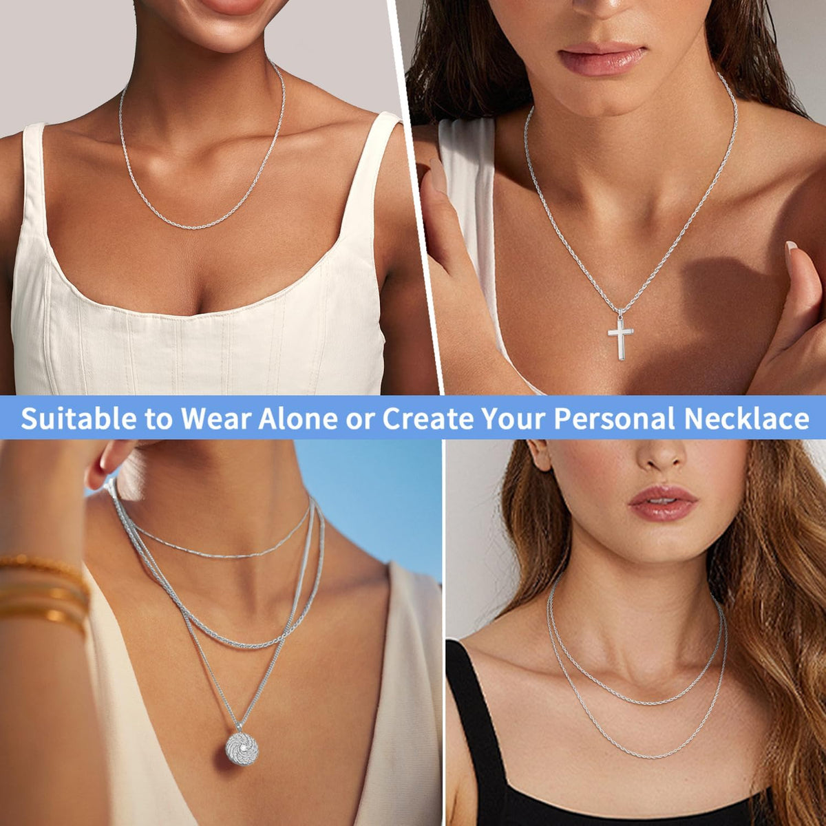 Jewlpire 1.5mm 2mm Rope Chain 925 Sterling Silver Chain Necklace for Women, Smooth Sturdy Women's Chains Necklace, 16 18 20 22 24 26 Inch